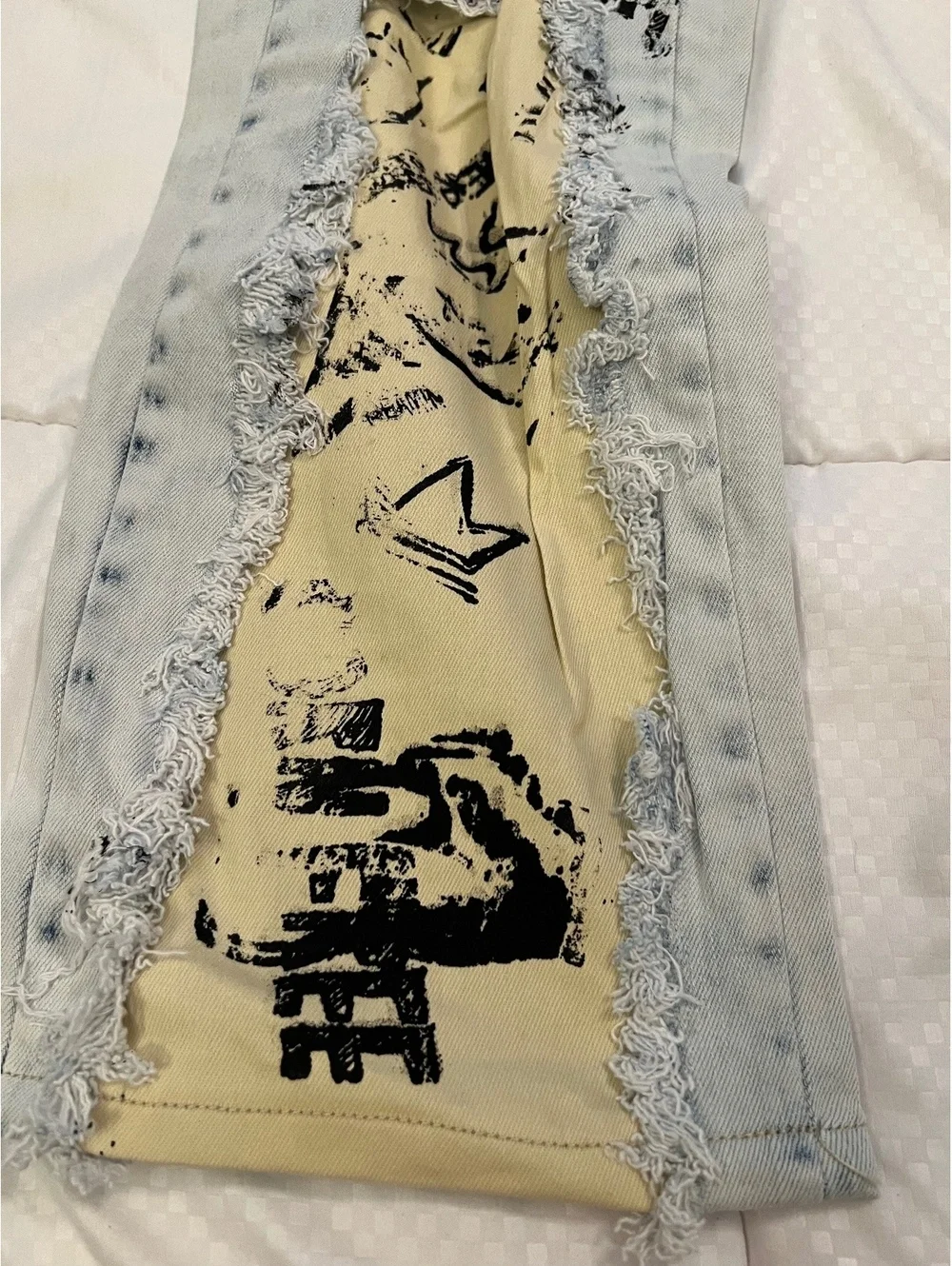 NEW SMOKE RISES 48” x 32” Acid washed distressed graffiti pockets writing jeans